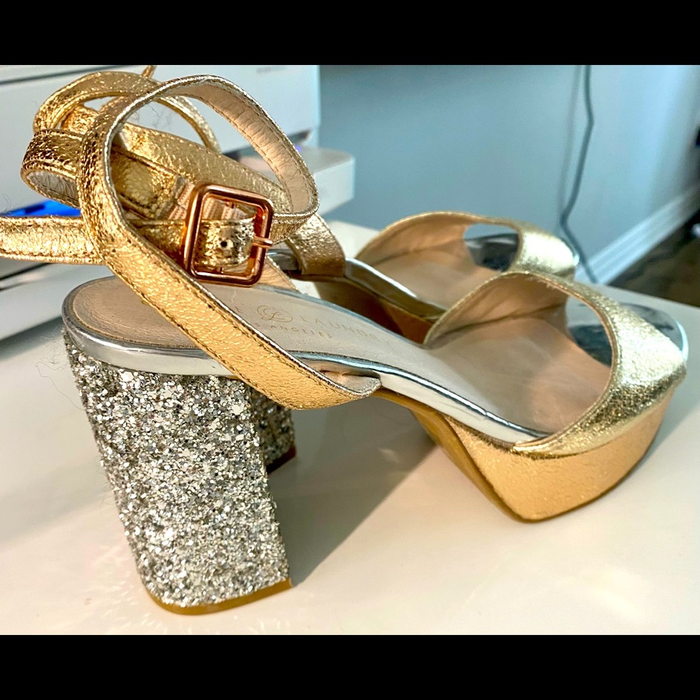 Silver/Gold chunky heel shoes with paillette on heels.